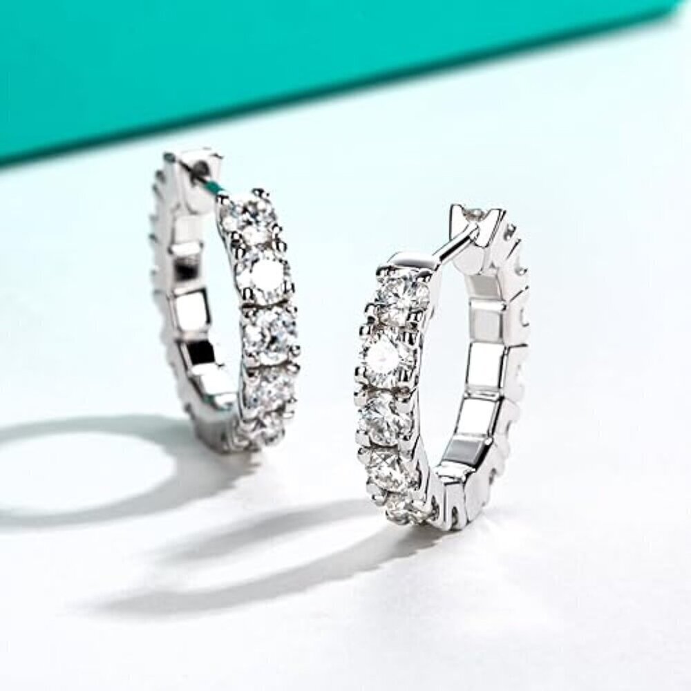 Certified 14K White Gold Huggie Hoop Earrings 2.4CT Moissanite Diamond S925 Gift